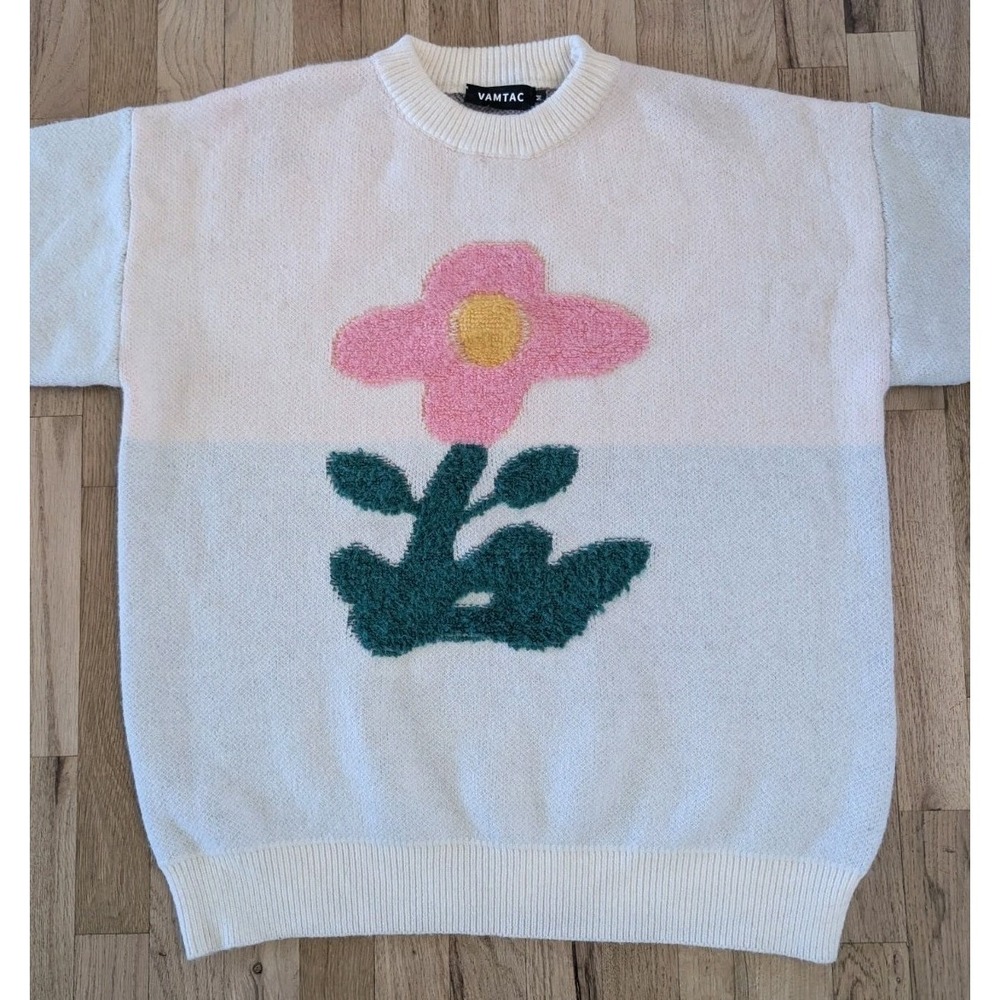 VAMTAC Flower Knit Sweater Oversized  Pullover Soft Cozy Thick Men's Medium Pink